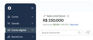 Menu lateral da plataforma com seção “Conta digital” ativa e destaque no saldo de R$ 230.000 do Limite Flexível, com rendimento de 110% CDI.