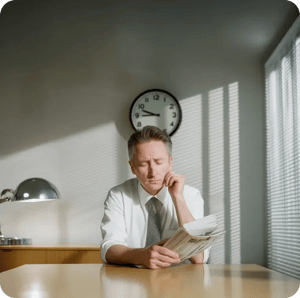 Ejecutivo revisando reportes financieros en oficina, control de gastos empresariales con herramientas de Clara.