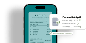 Factura hotelera verificada automáticamente por Clara Intelligence con monto, fecha y validez SAT.
