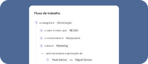 Tela mostrando um fluxo de aprovação automatizado com regras baseadas em categoria, valor e aprovadores, demonstrando automação do processo.