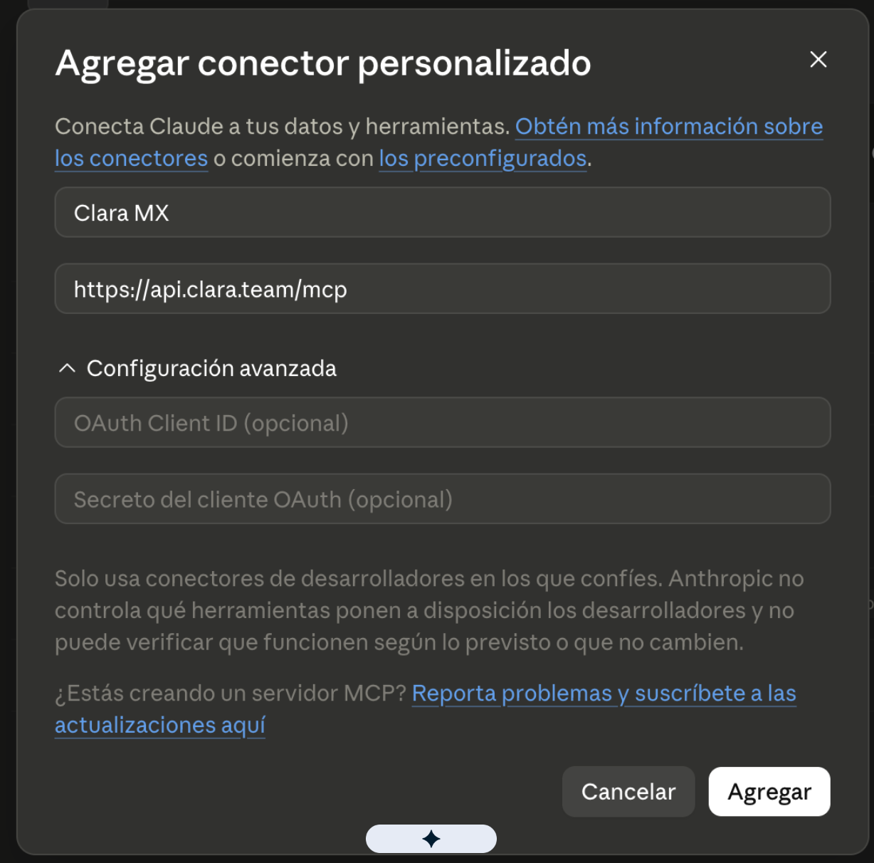 Formulario de configuración del conector
