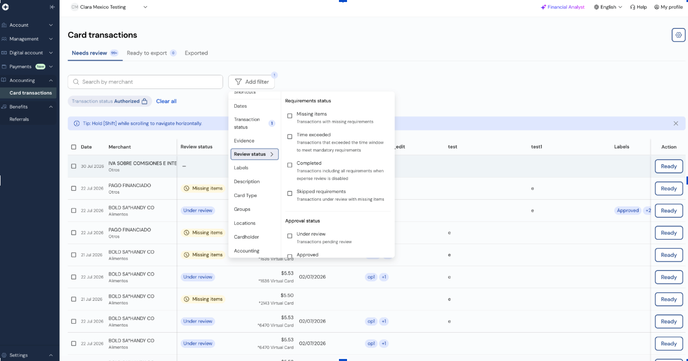 Panel de filtros del módulo de Contabilidad