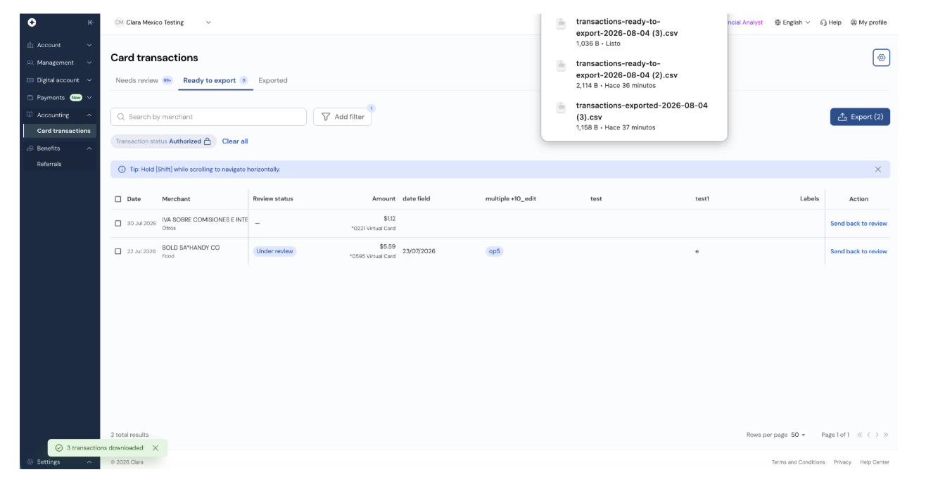 Exportación CSV — tipos disponibles