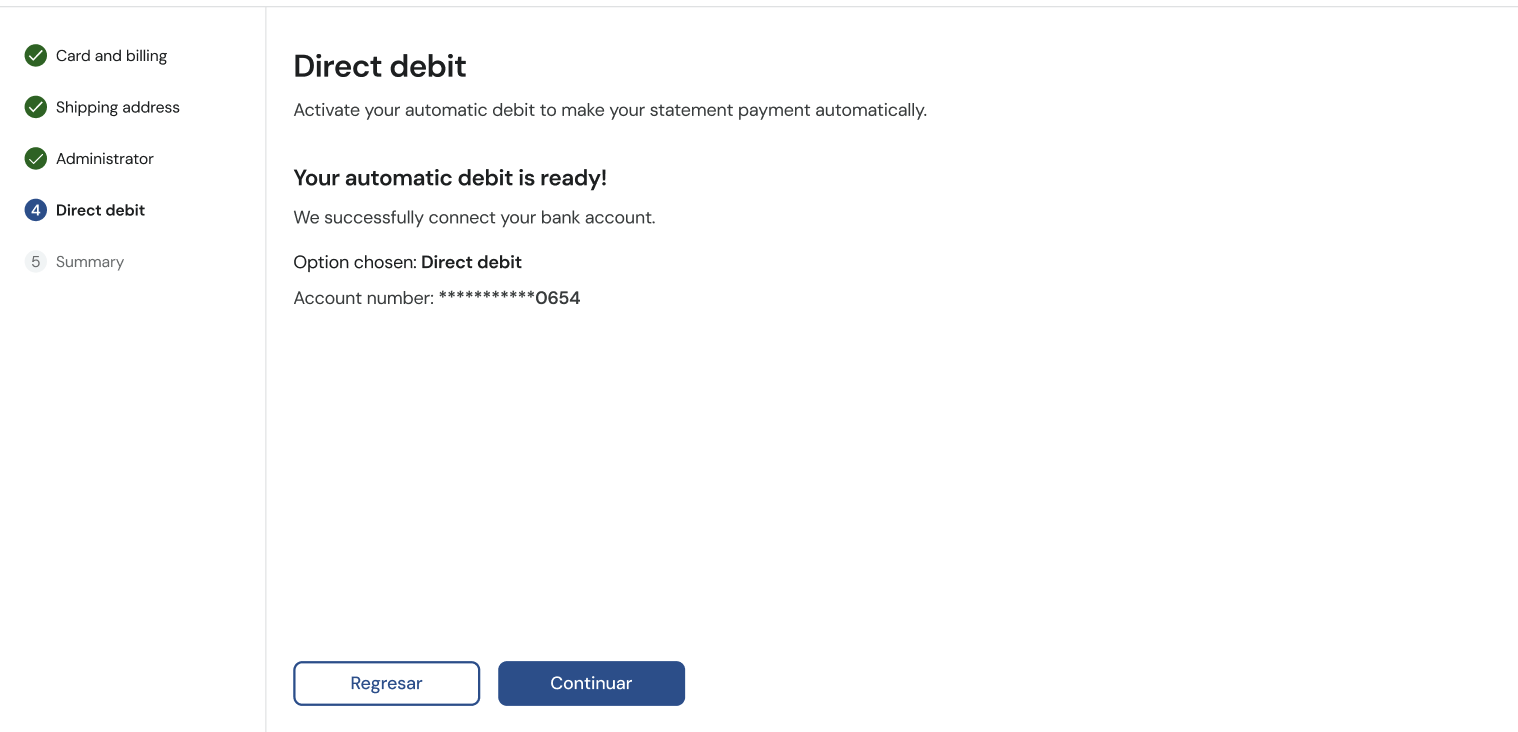 Paso 5 — Configuración de débito automático y registro de cuenta bancaria