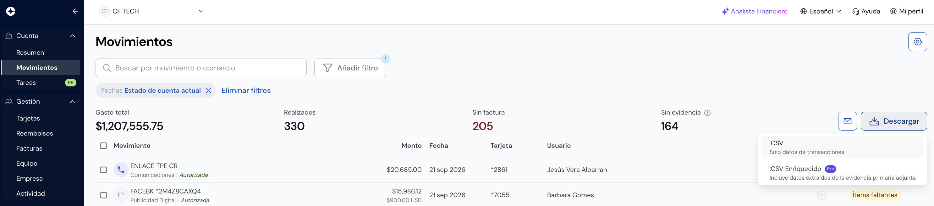 Menú de descarga mostrando las opciones .CSV y .CSV Enriquecido